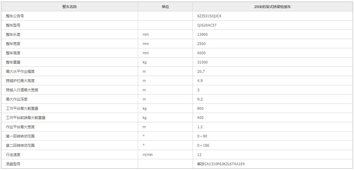 20米桥梁检测车参数表